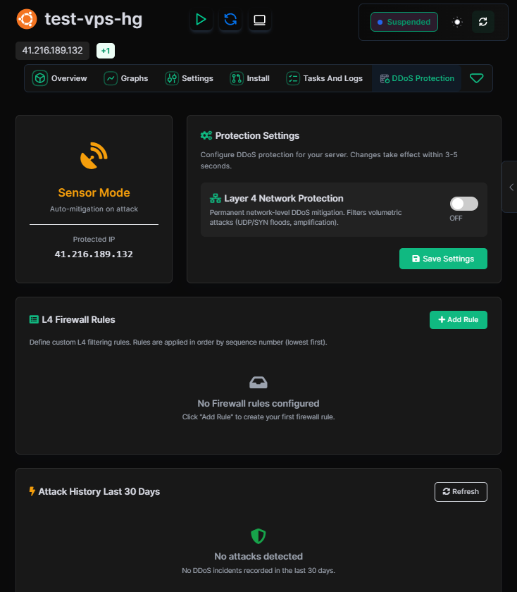 Private Hosting control panel — DDoS protection dashboard with live mitigation