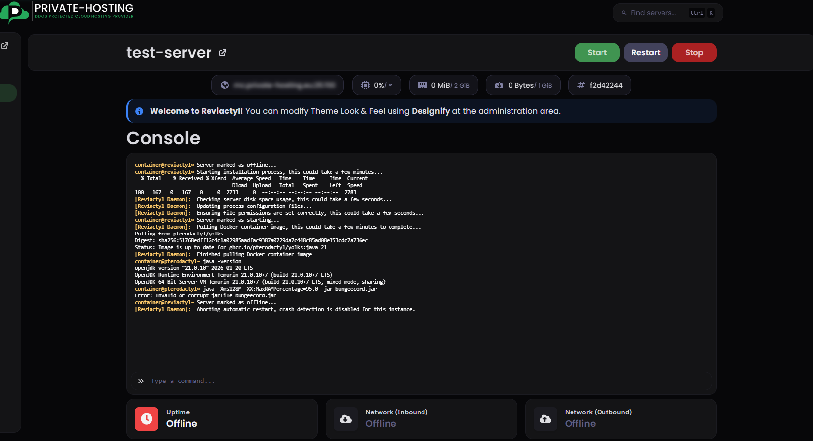 Private Hosting control panel — game server management dashboard