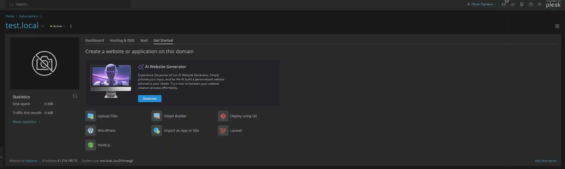Plesk dashboard for managed shared hosting in Europe, sites and domains overview