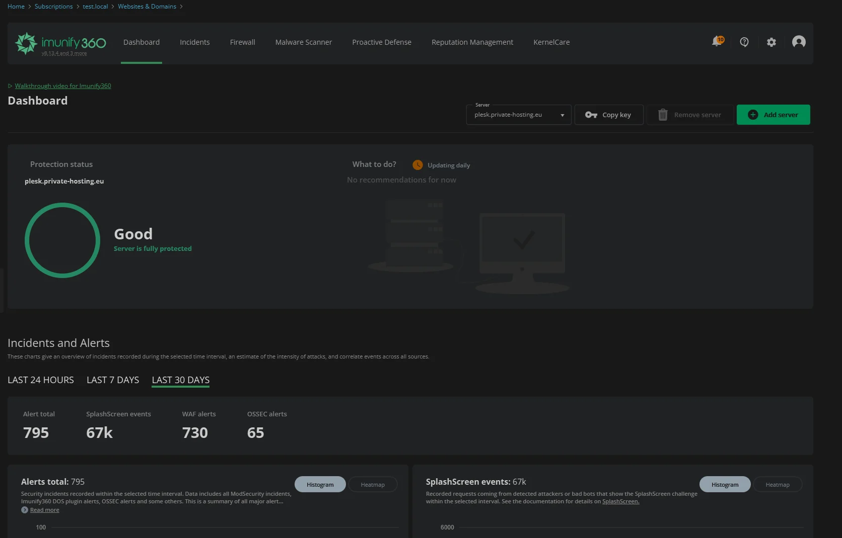 Imunify antivirus and security score monitoring on shared hosting